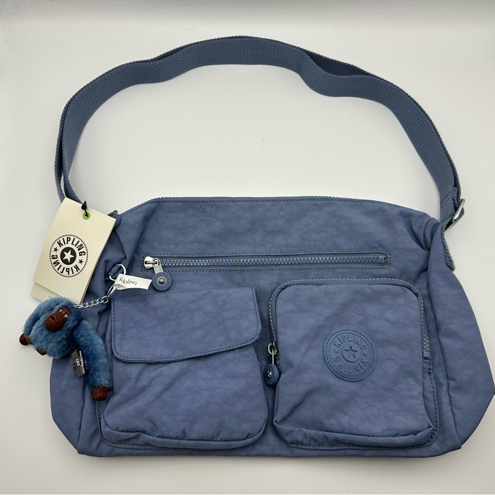 Kipling Jean Crossbody Bag Blue Buzz Monkey Keychain Satchel New with Tag